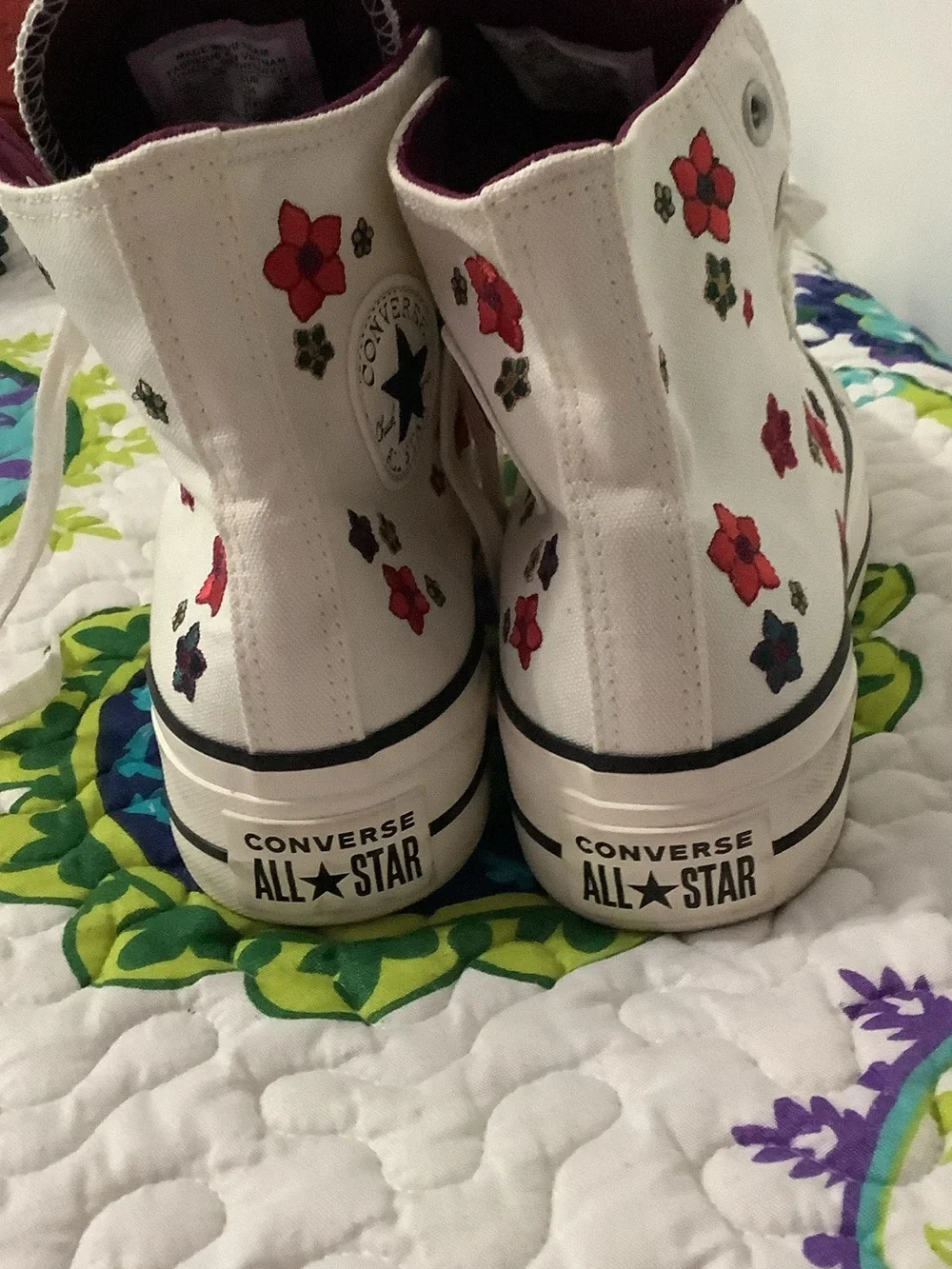 High-Top Floral Platform Canvas Sneakers - White with Red & Purple Flowers